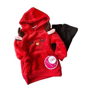 Nannette Kids Red fleece reindeer Top black Leggings  Outfit 12M Months New Tags